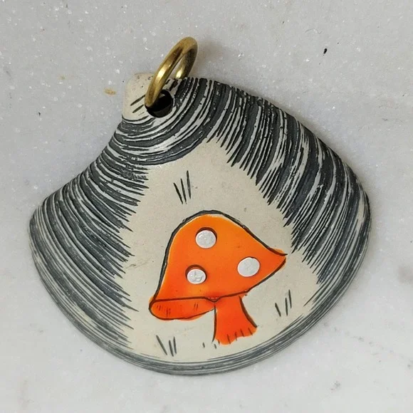 Handpainted Shell Mushroom Pendant Orange Cottagecore Woodland Jewelry Whimsical - Picture 4 of 10